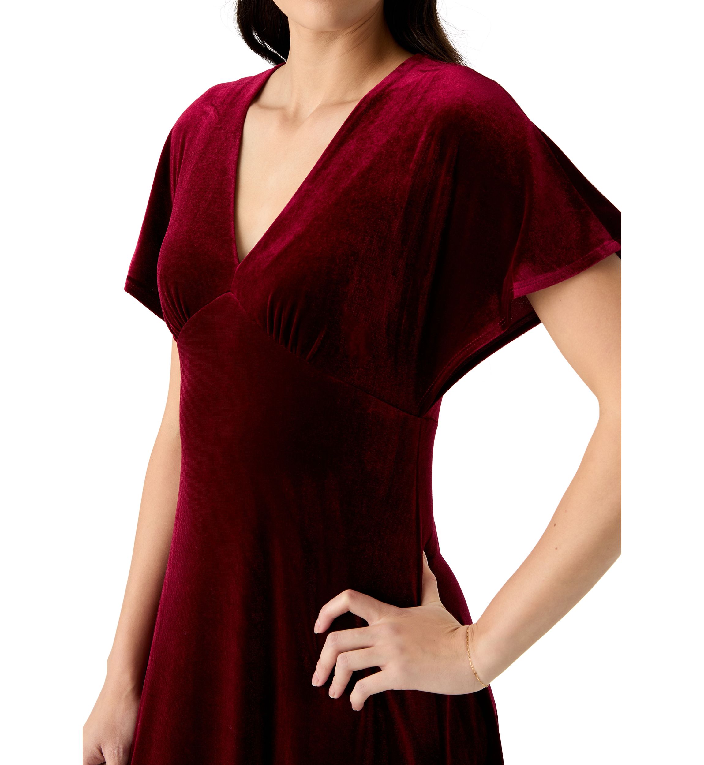 Womens Short Sleeve V-Neck Velvet Fit and Flare Dress