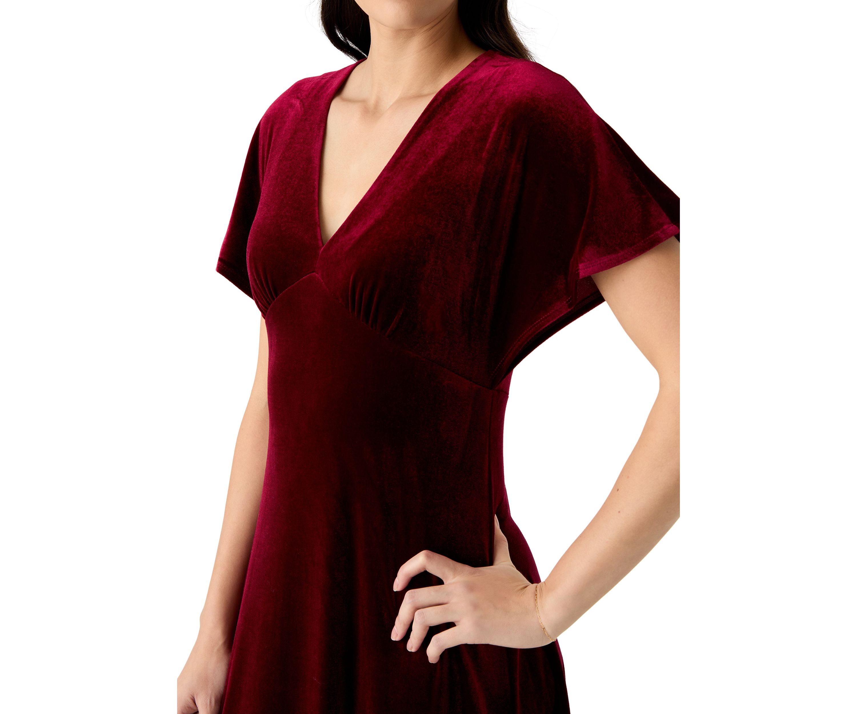 Womens Short Sleeve V-Neck Velvet Fit and Flare Dress