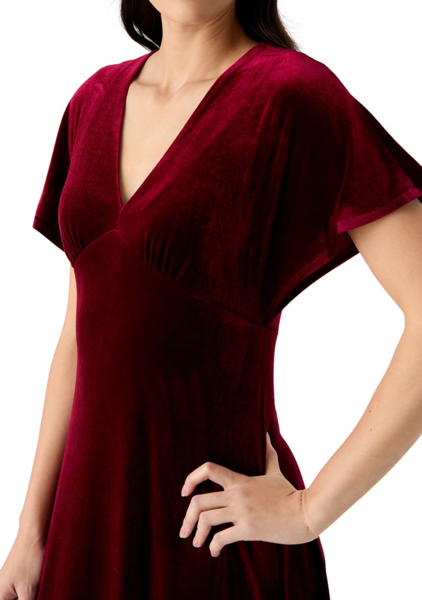Womens Short Sleeve V-Neck Velvet Fit and Flare Dress