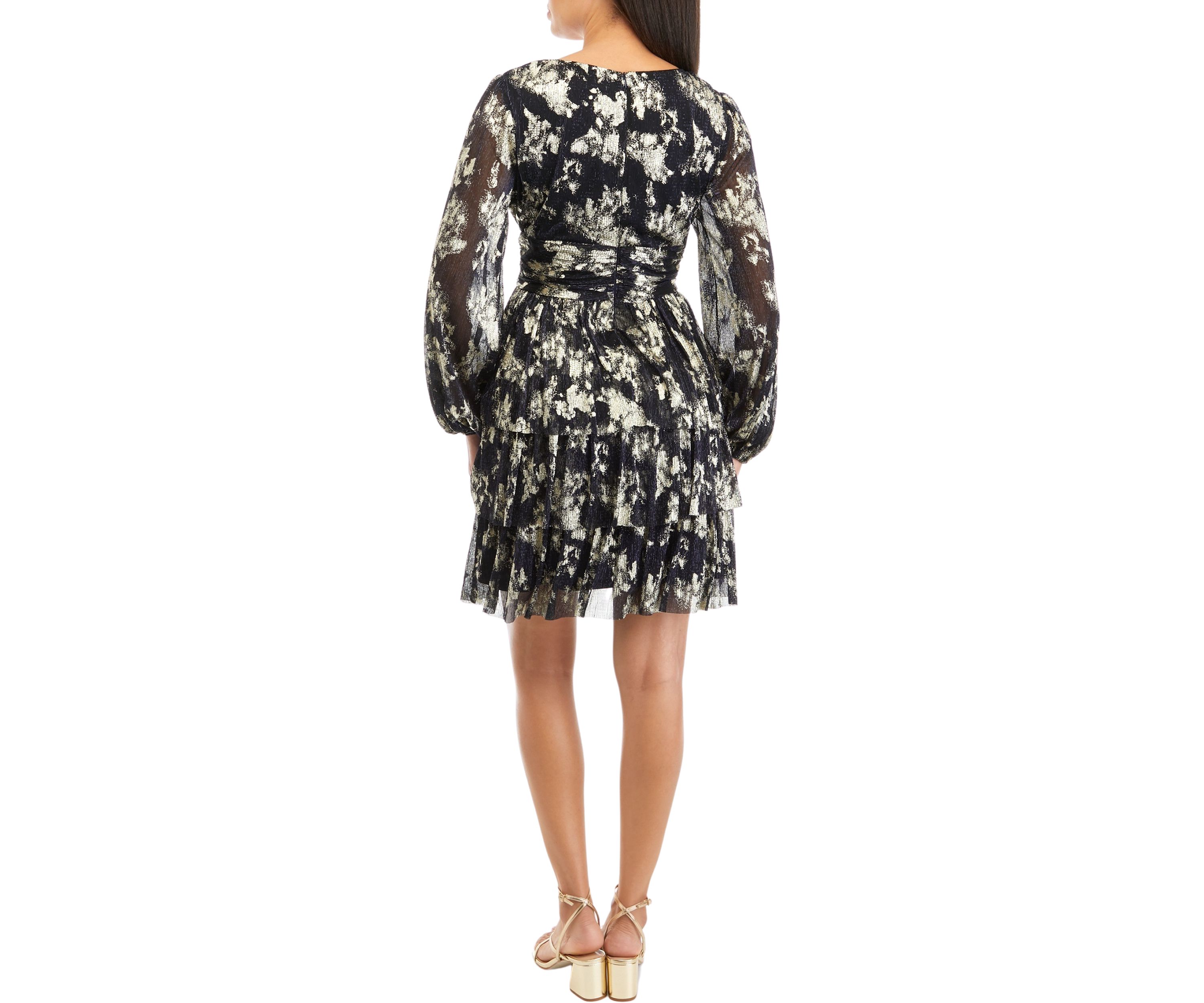 Womens Long Sleeve V-Neck Printed Foil Fit and Flare Dress