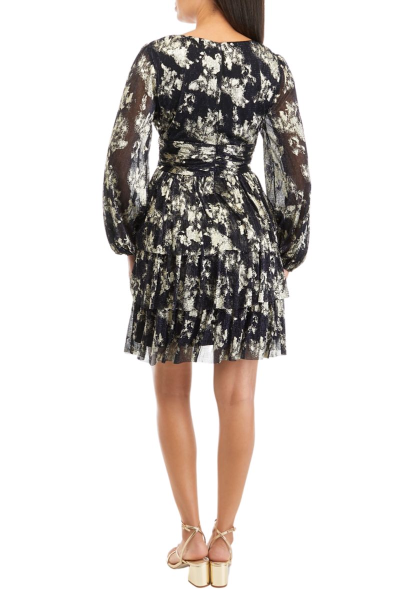 Womens Long Sleeve V-Neck Printed Foil Fit and Flare Dress