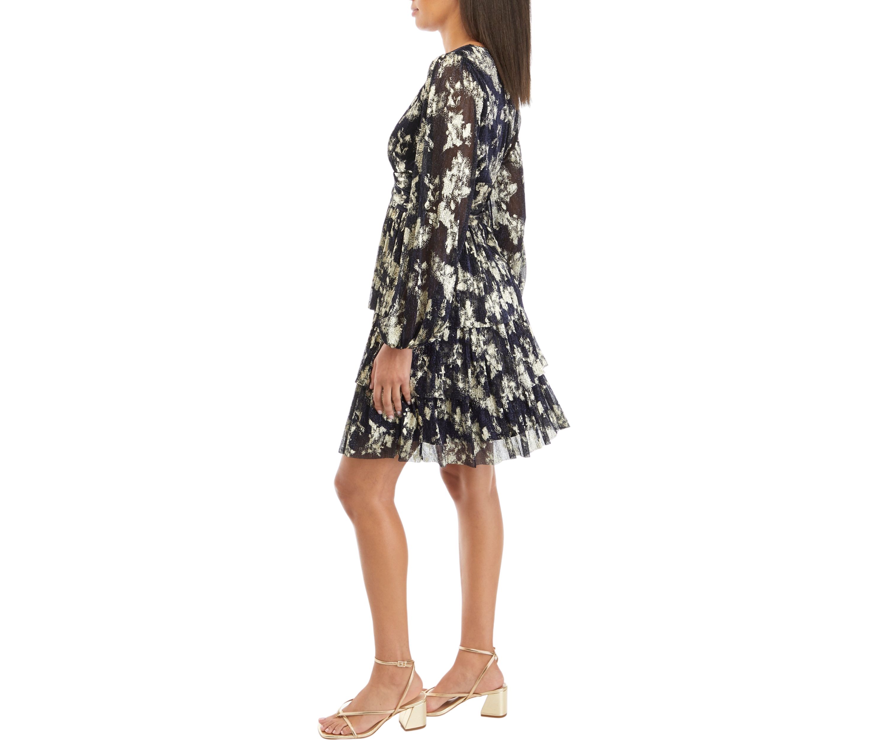 Womens Long Sleeve V-Neck Printed Foil Fit and Flare Dress