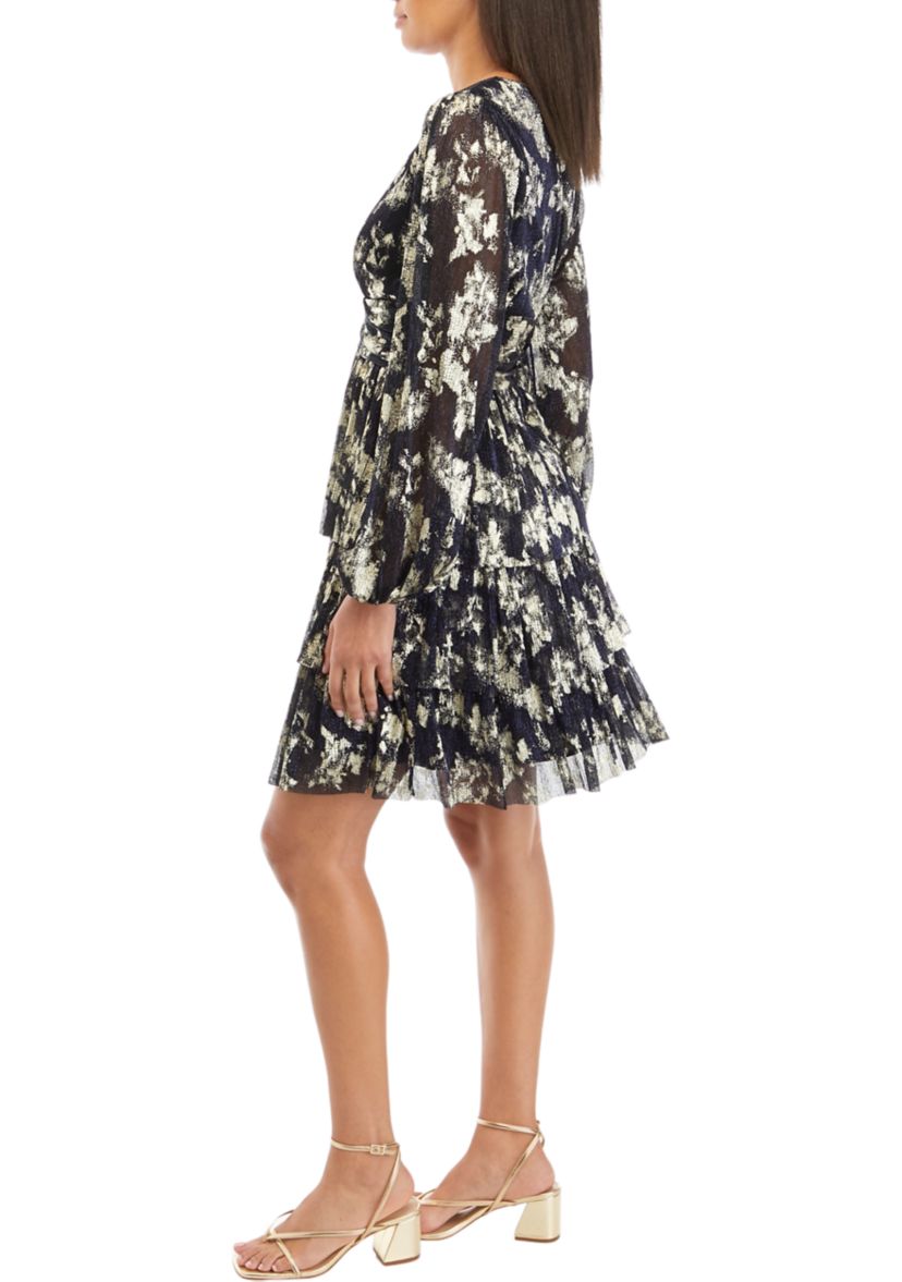 Womens Long Sleeve V-Neck Printed Foil Fit and Flare Dress