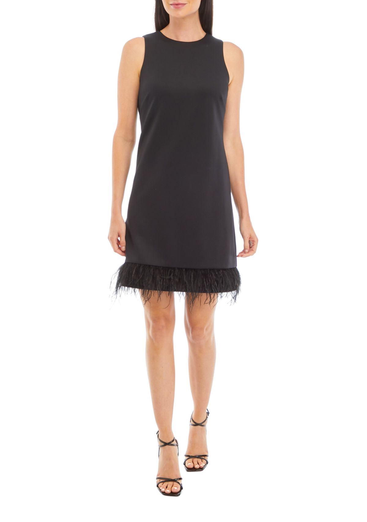 Womens Sleeveless Solid A-Line Feather Trim Dress