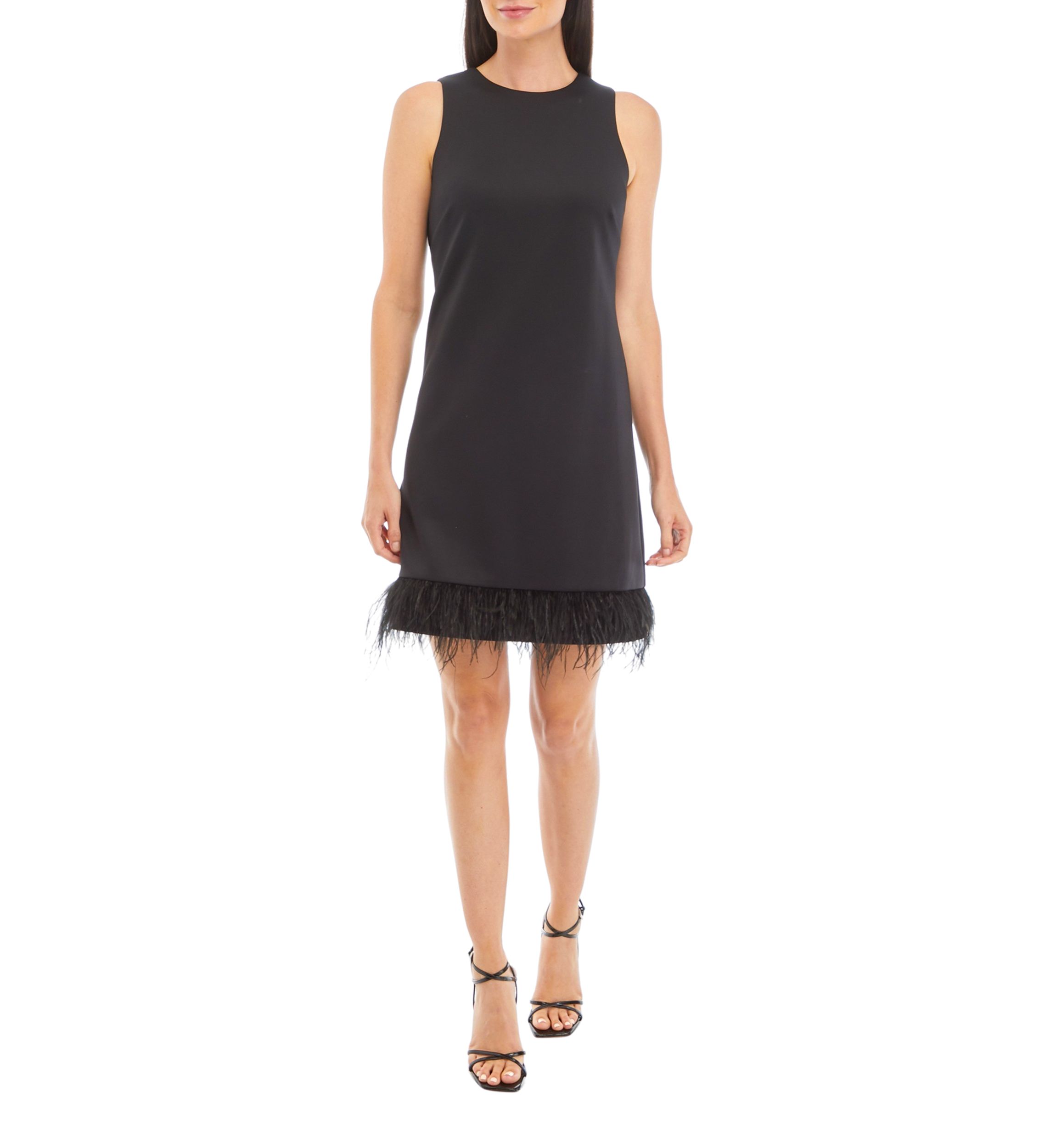 Womens Sleeveless Solid A-Line Feather Trim Dress