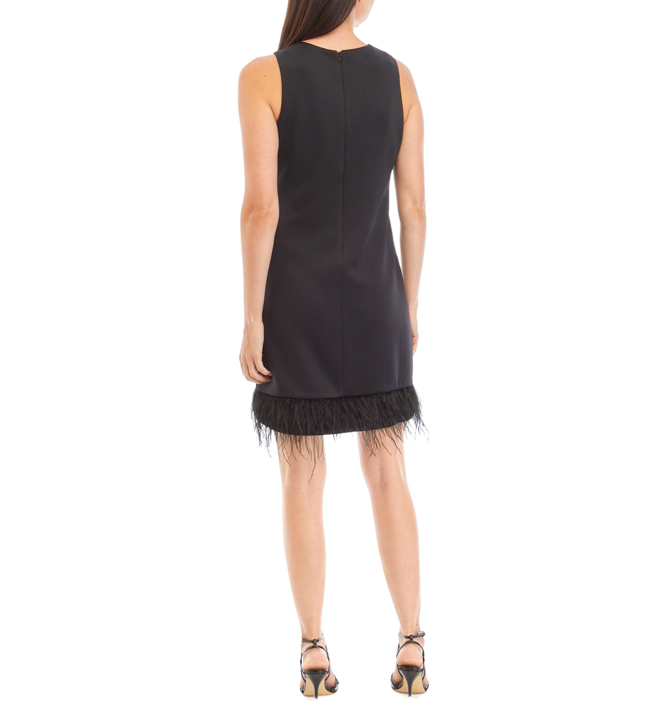 Womens Sleeveless Solid A-Line Feather Trim Dress