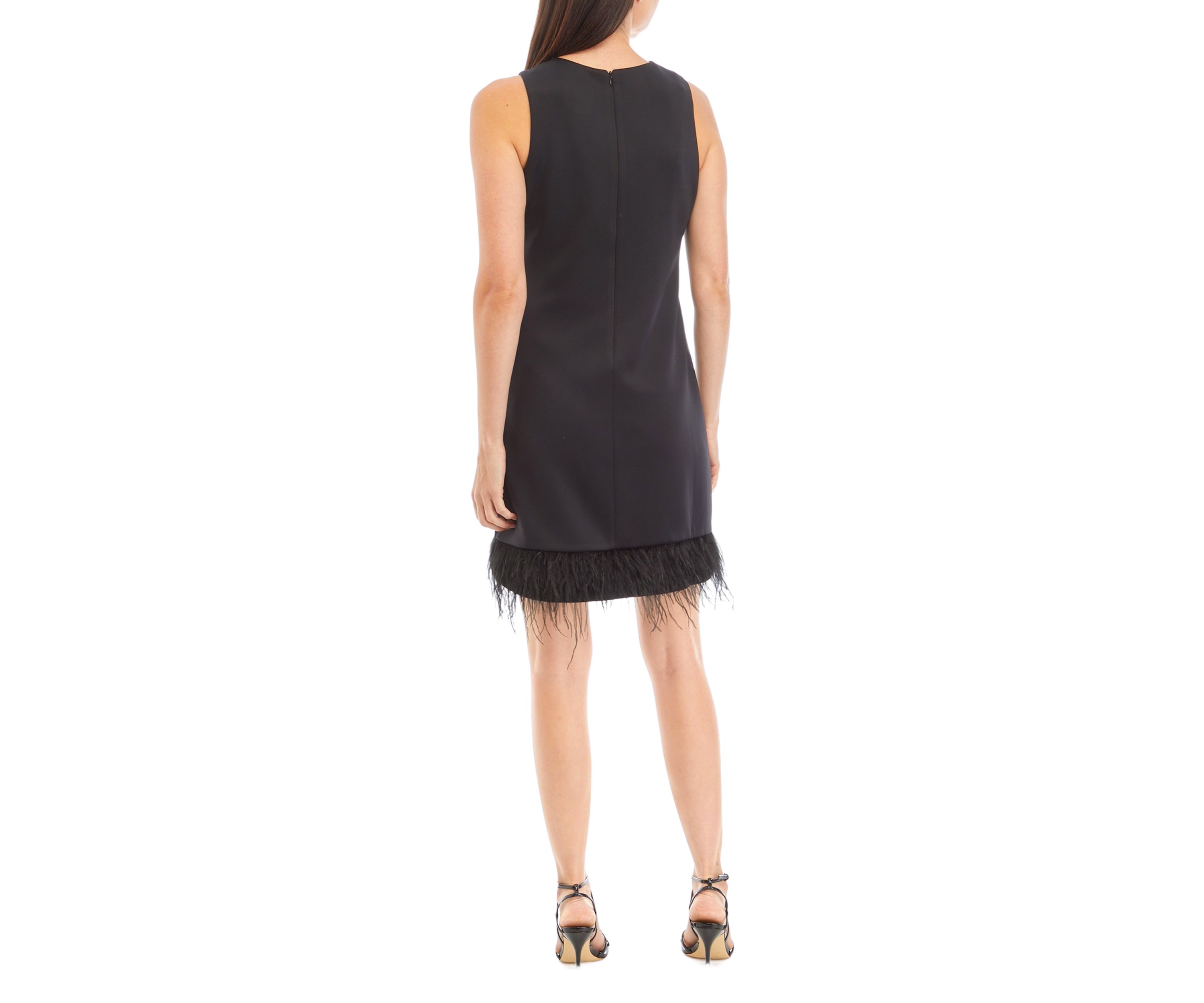 Womens Sleeveless Solid A-Line Feather Trim Dress