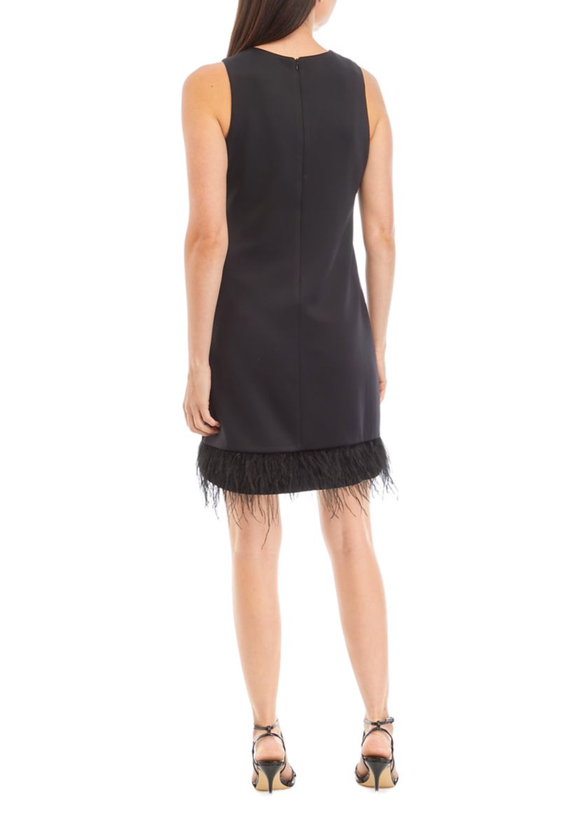 Womens Sleeveless Solid A-Line Feather Trim Dress