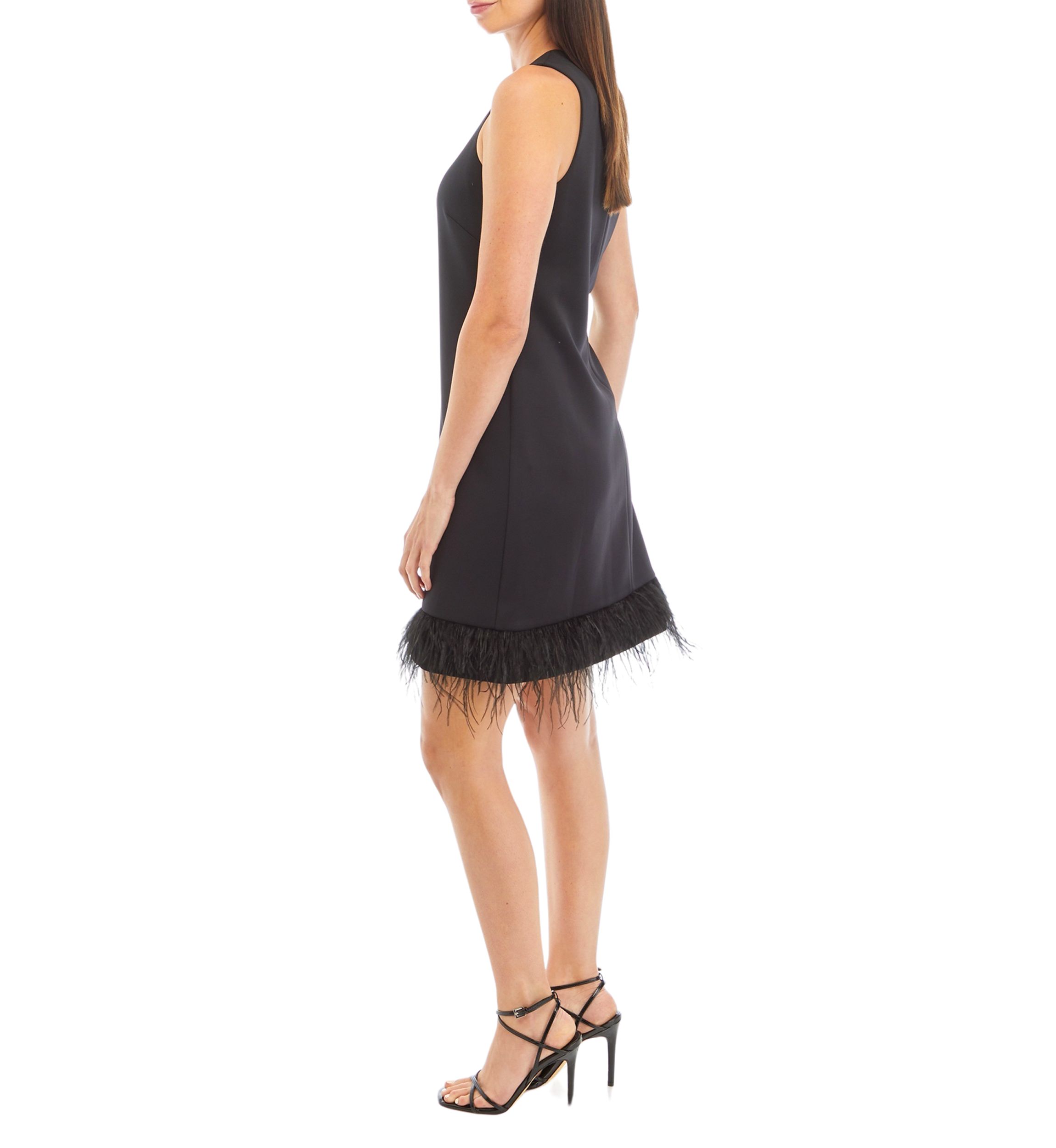 Womens Sleeveless Solid A-Line Feather Trim Dress