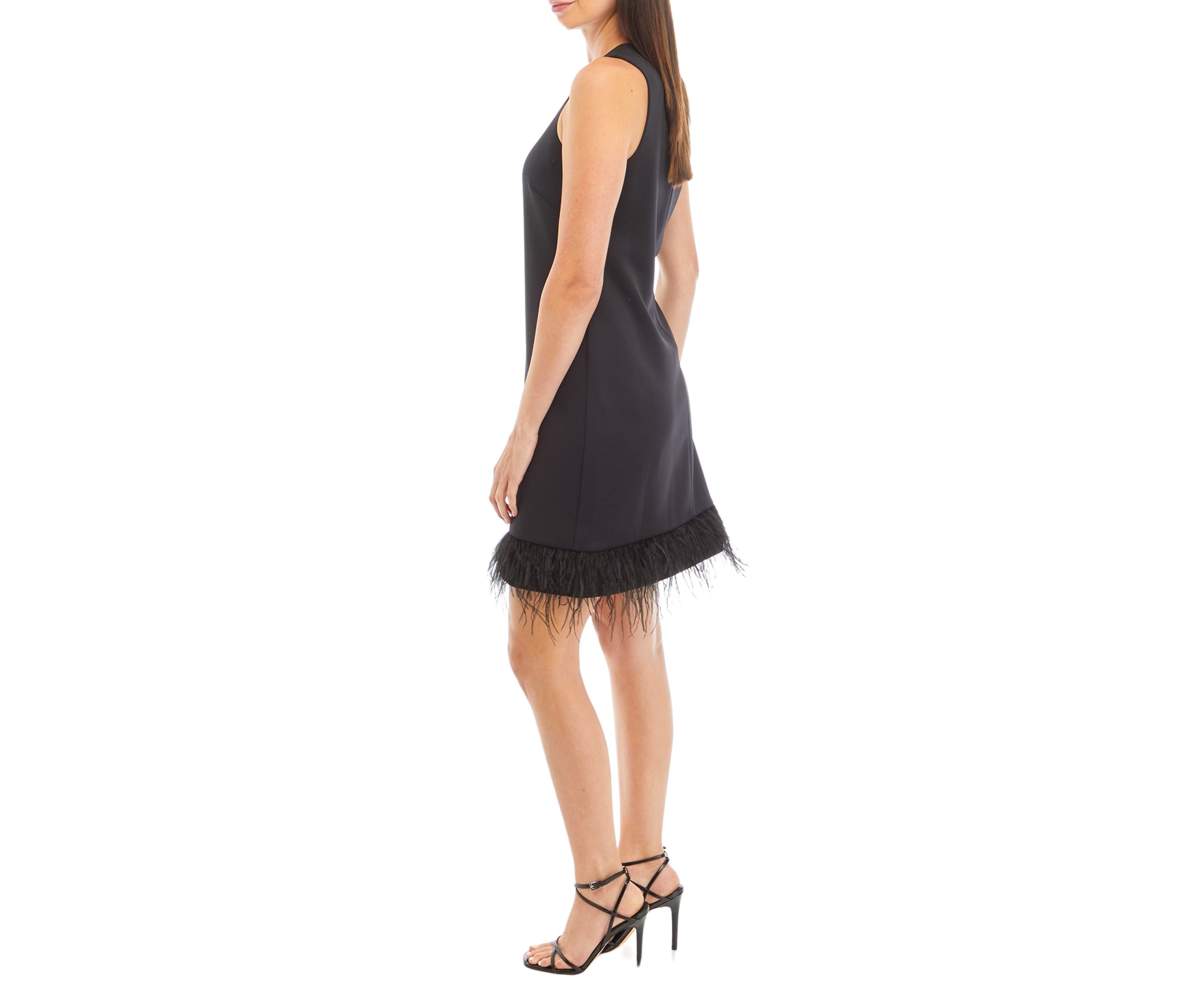 Womens Sleeveless Solid A-Line Feather Trim Dress