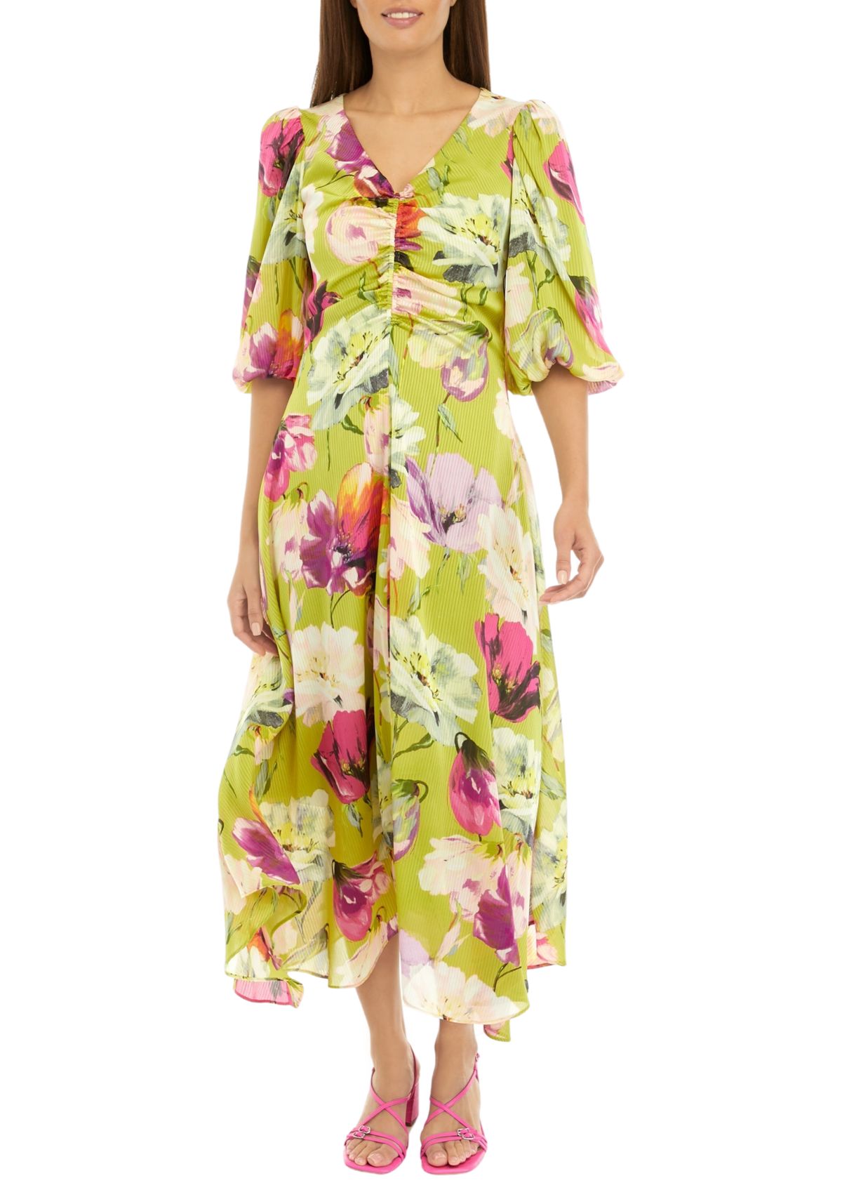 Womens Puff Sleeve Floral Print Ruched Waist Midi Dress