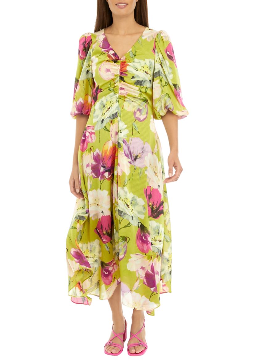 Womens Puff Sleeve Floral Print Ruched Waist Midi Dress