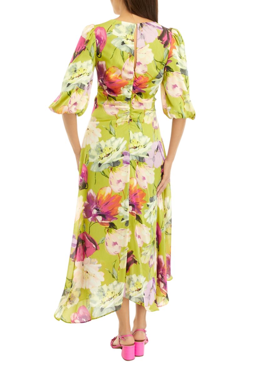 Womens Puff Sleeve Floral Print Ruched Waist Midi Dress