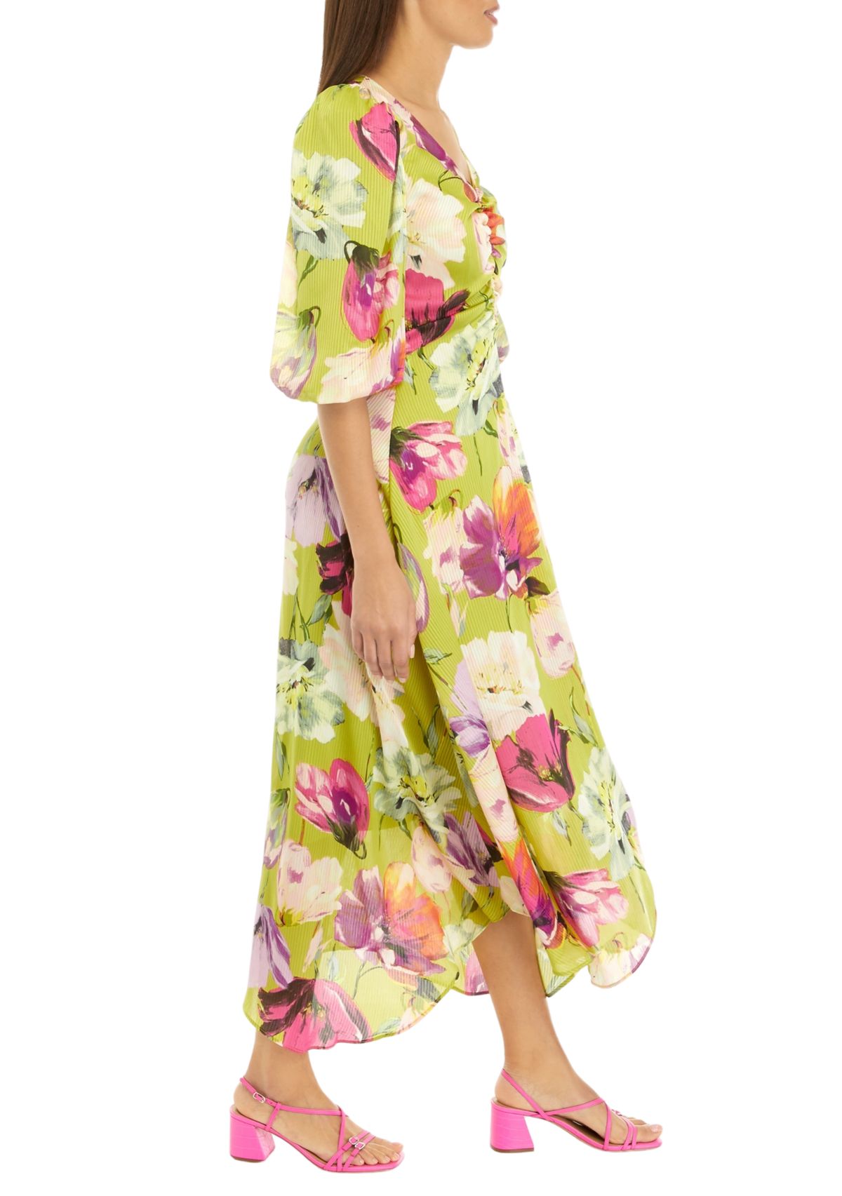 Womens Puff Sleeve Floral Print Ruched Waist Midi Dress