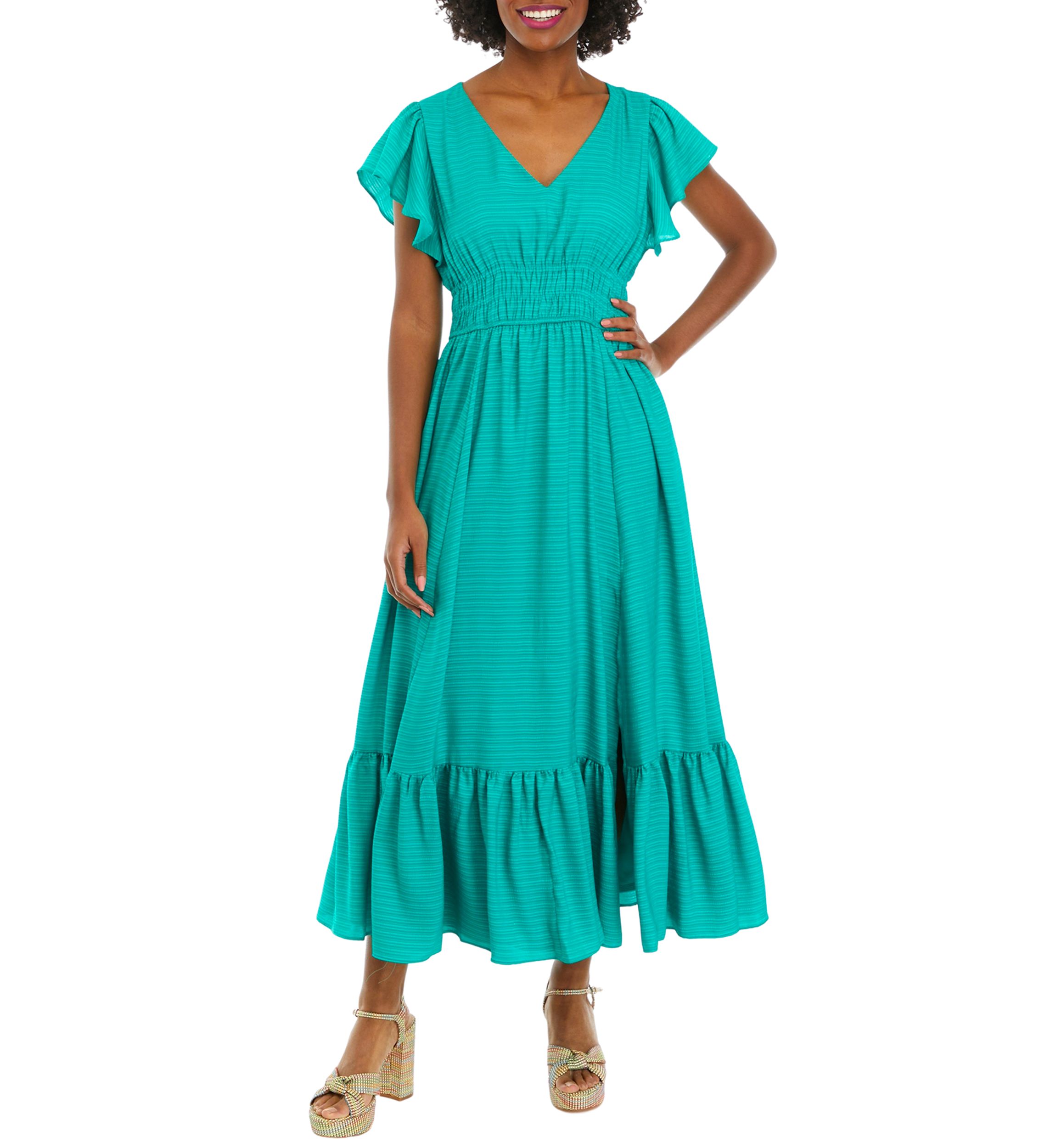 Womens Short Sleeve V-Neck Smocked Waist Solid Midi Dress