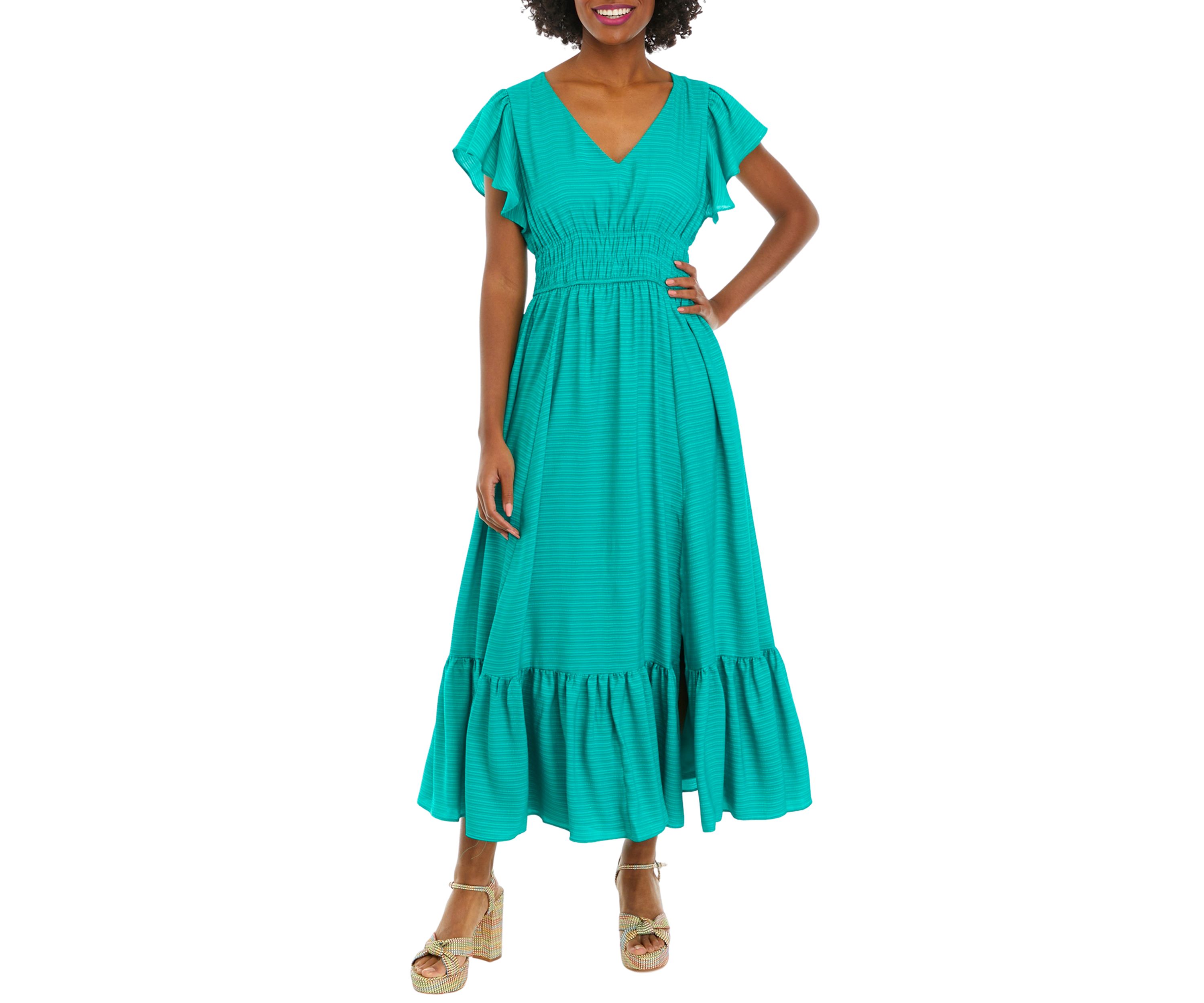 Womens Short Sleeve V-Neck Smocked Waist Solid Midi Dress