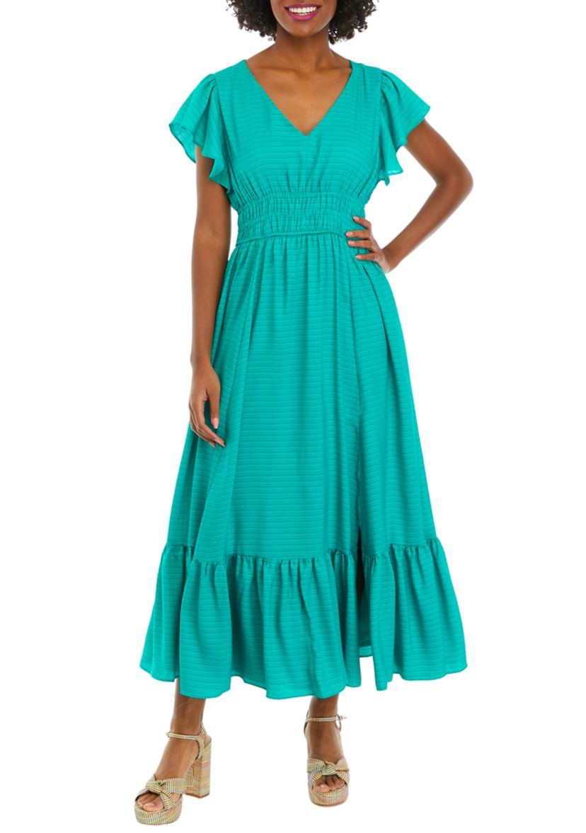 Womens Short Sleeve V-Neck Smocked Waist Solid Midi Dress