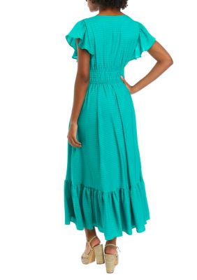 Women's Short Sleeve V-Neck Smocked Waist Solid Midi Dress