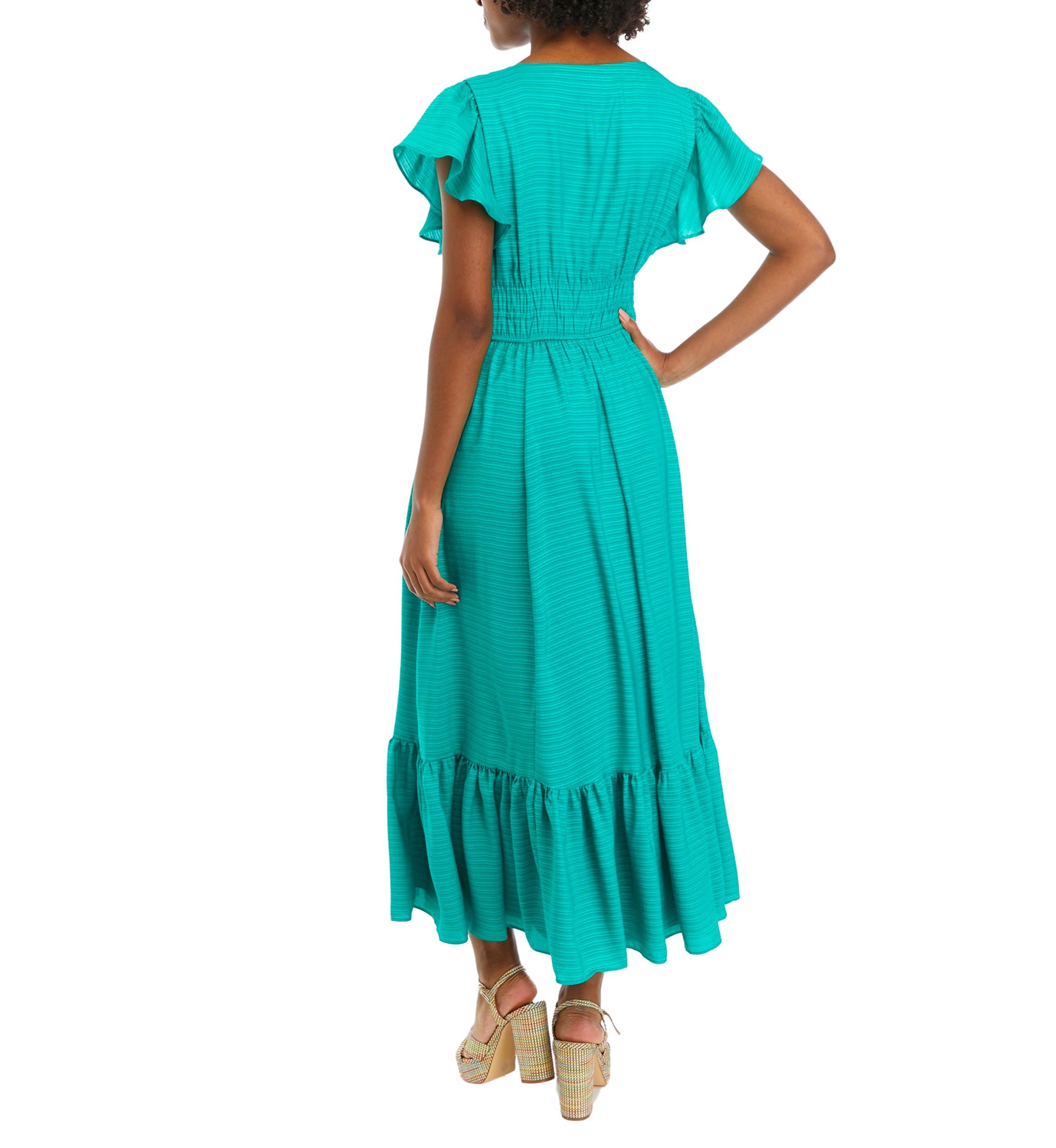 Womens Short Sleeve V-Neck Smocked Waist Solid Midi Dress