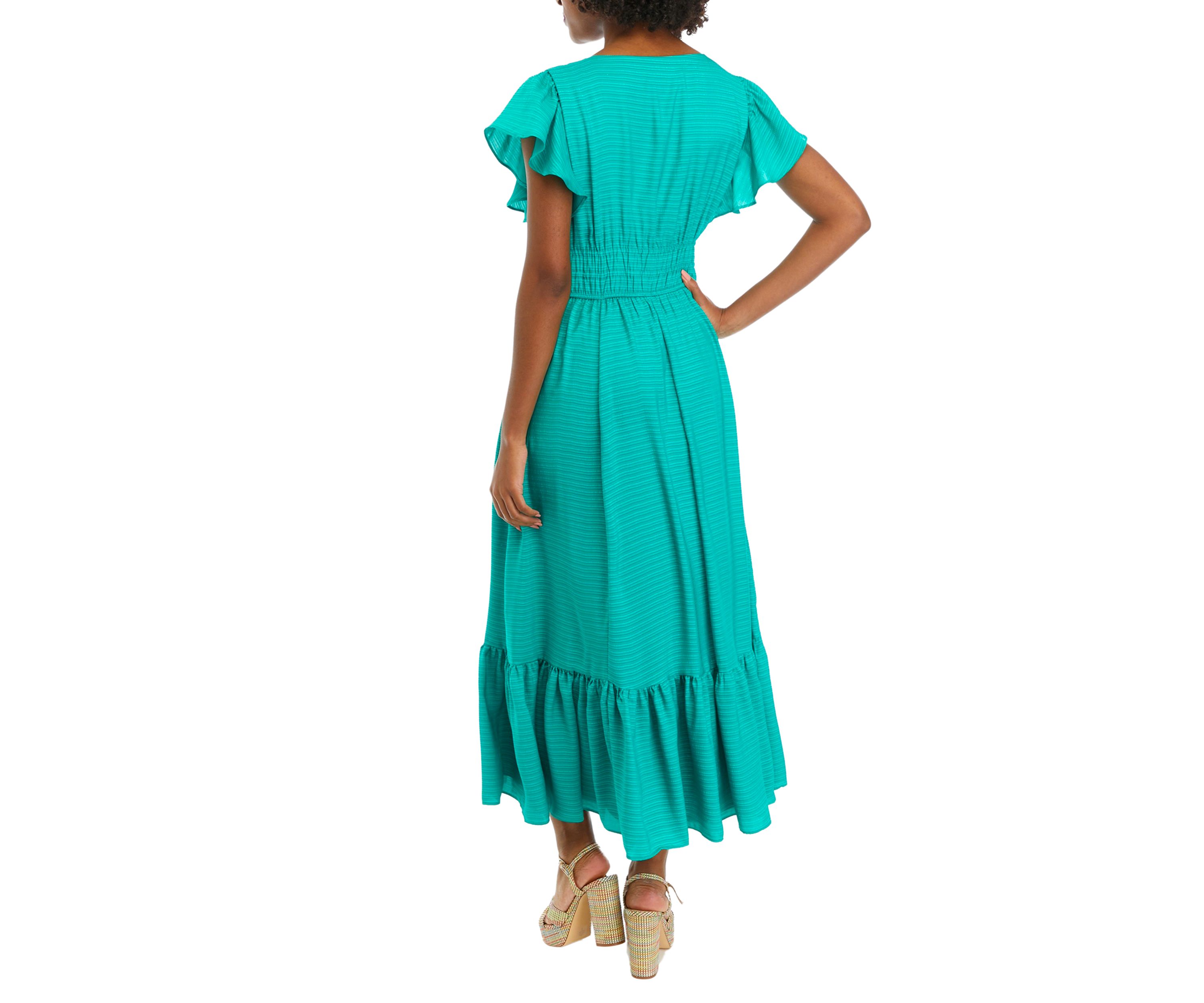 Womens Short Sleeve V-Neck Smocked Waist Solid Midi Dress