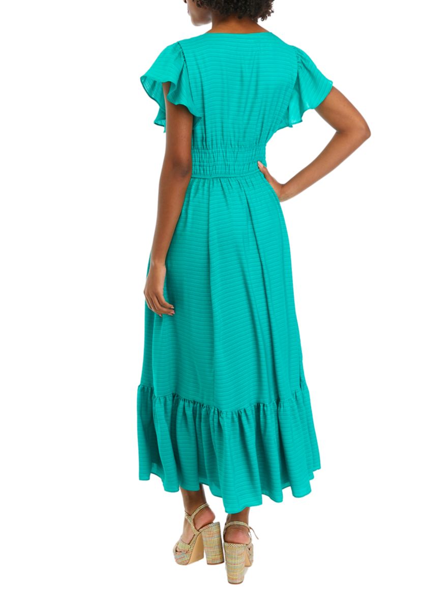 Womens Short Sleeve V-Neck Smocked Waist Solid Midi Dress