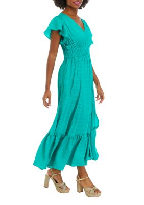 Women's Short Sleeve V-Neck Smocked Waist Solid Midi Dress