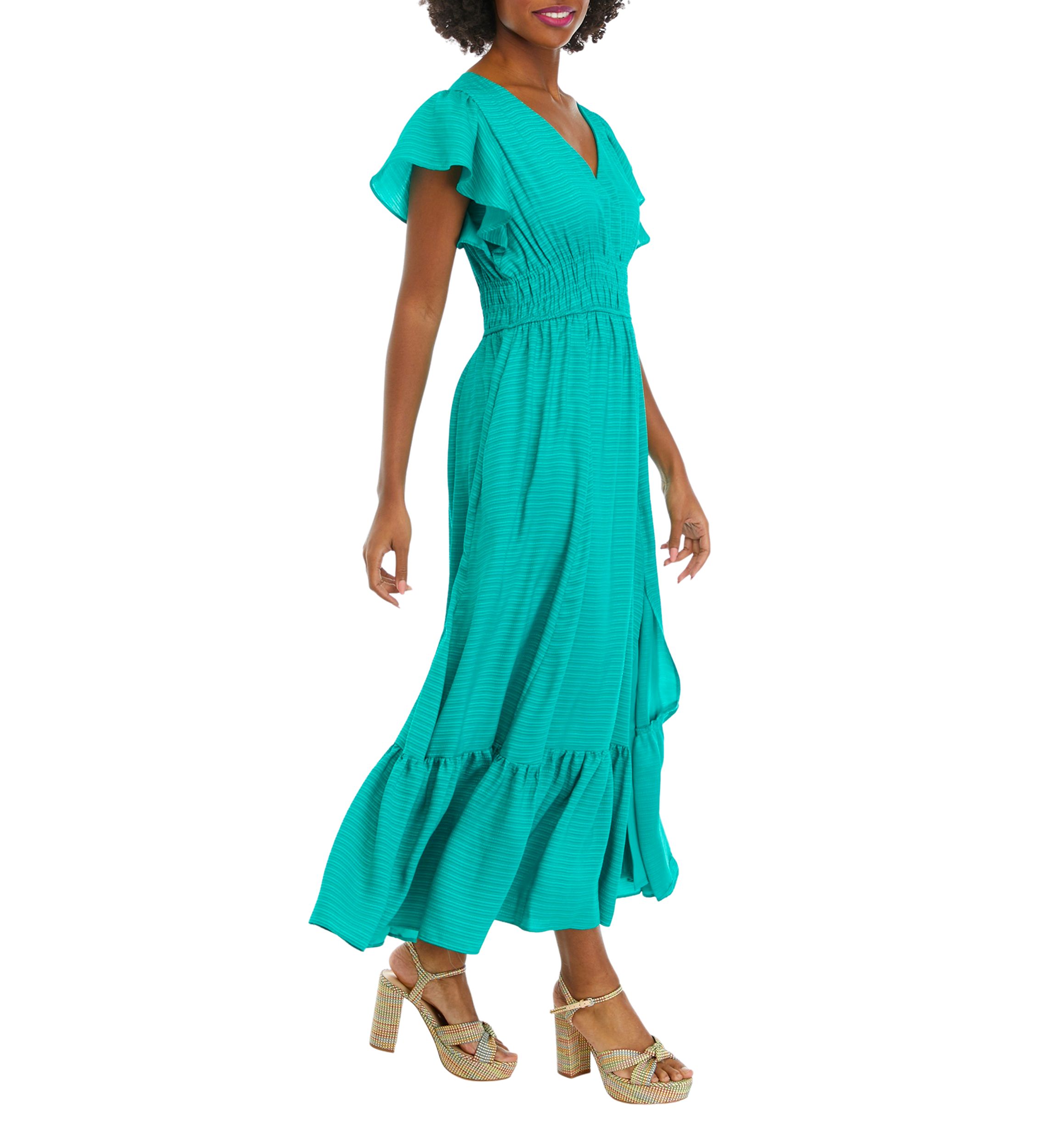 Womens Short Sleeve V-Neck Smocked Waist Solid Midi Dress