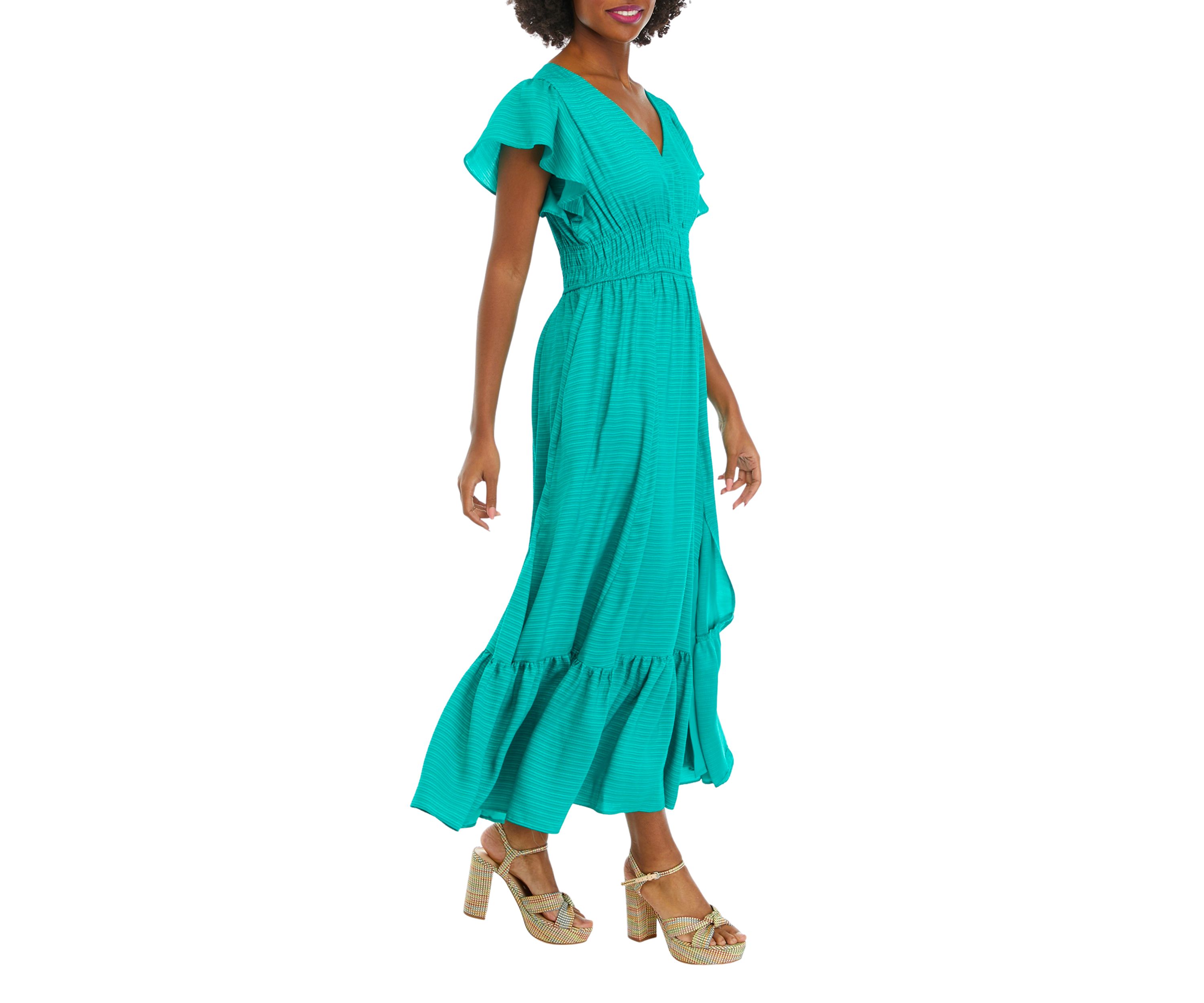 Womens Short Sleeve V-Neck Smocked Waist Solid Midi Dress