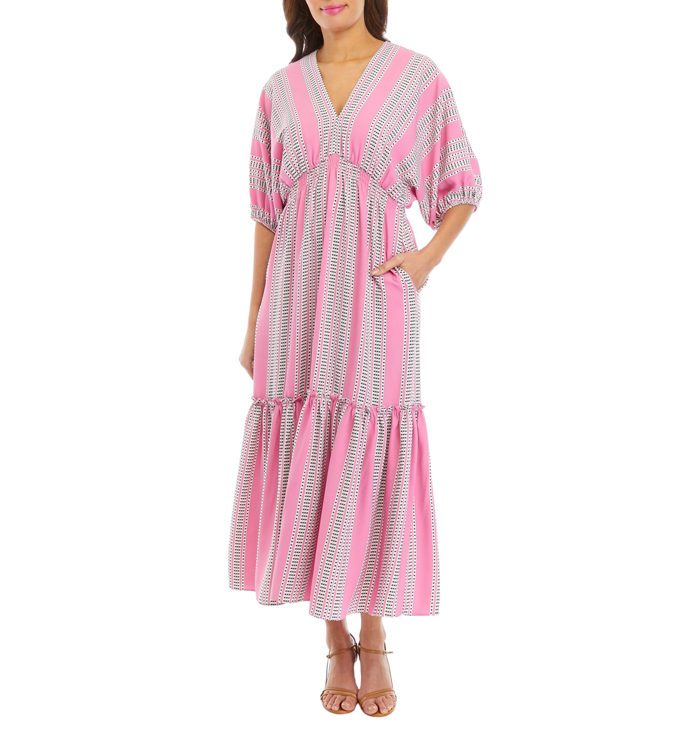 Womens Elbow Sleeve Striped Tiered Midi Dress