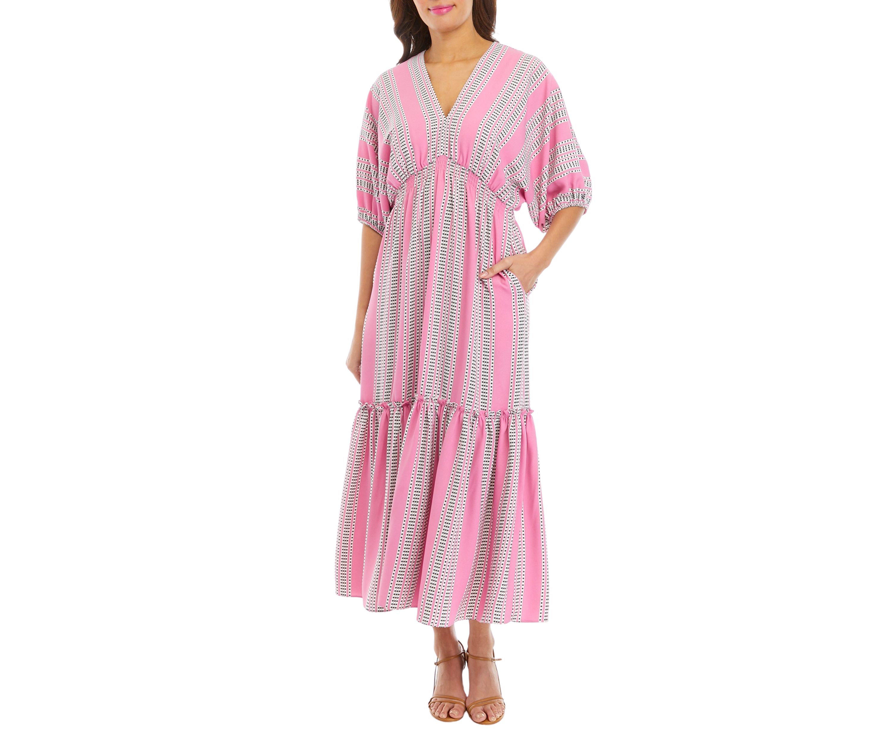 Womens Elbow Sleeve Striped Tiered Midi Dress