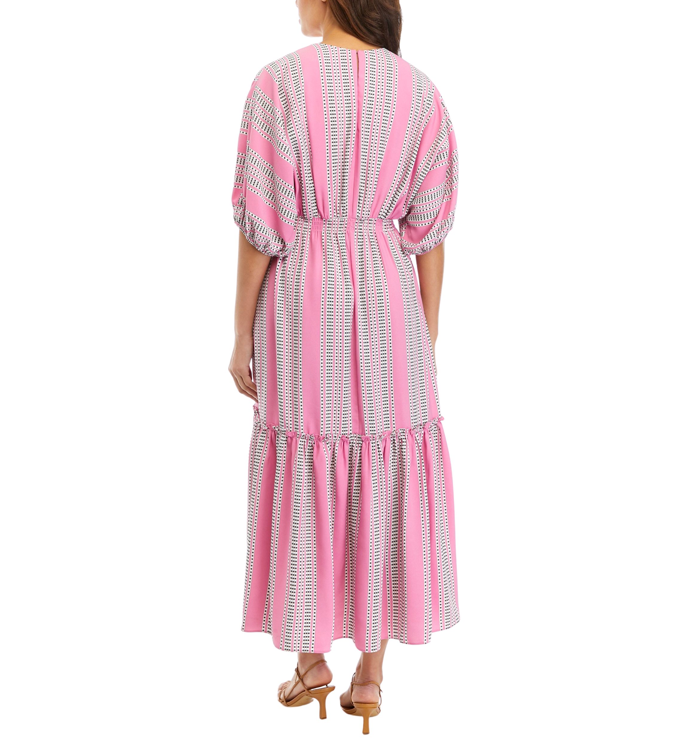 Womens Elbow Sleeve Striped Tiered Midi Dress