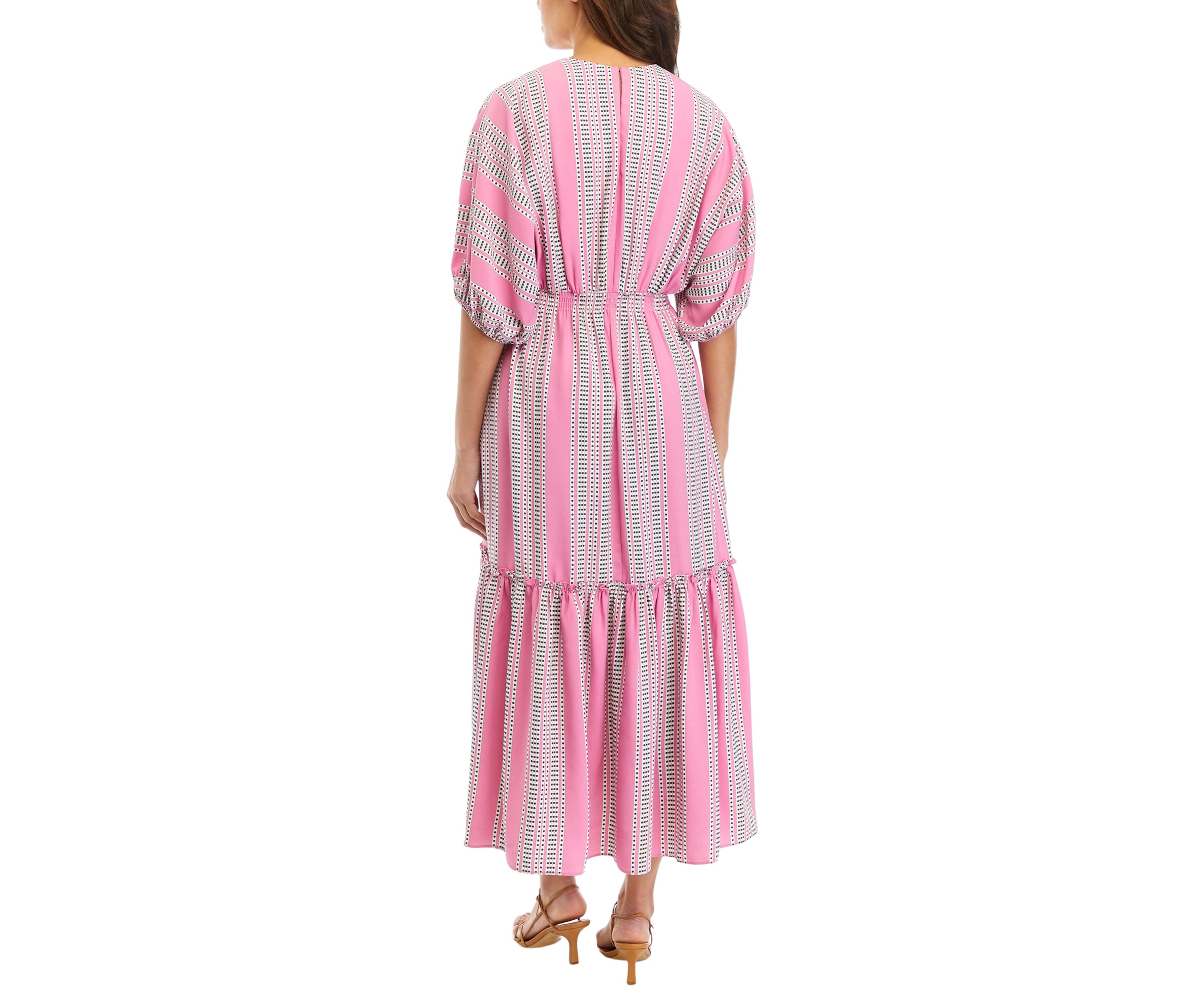 Womens Elbow Sleeve Striped Tiered Midi Dress