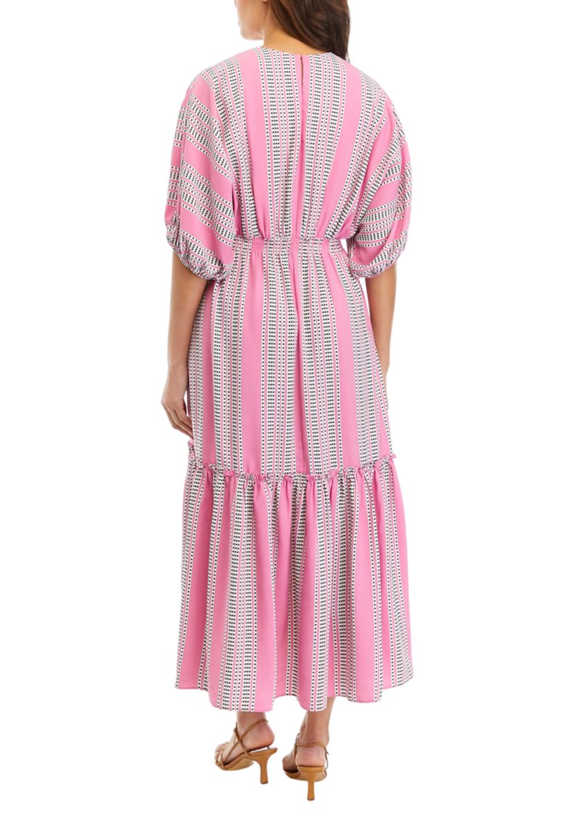Womens Elbow Sleeve Striped Tiered Midi Dress