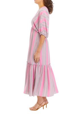 Women's Elbow Sleeve Striped Tiered Midi Dress