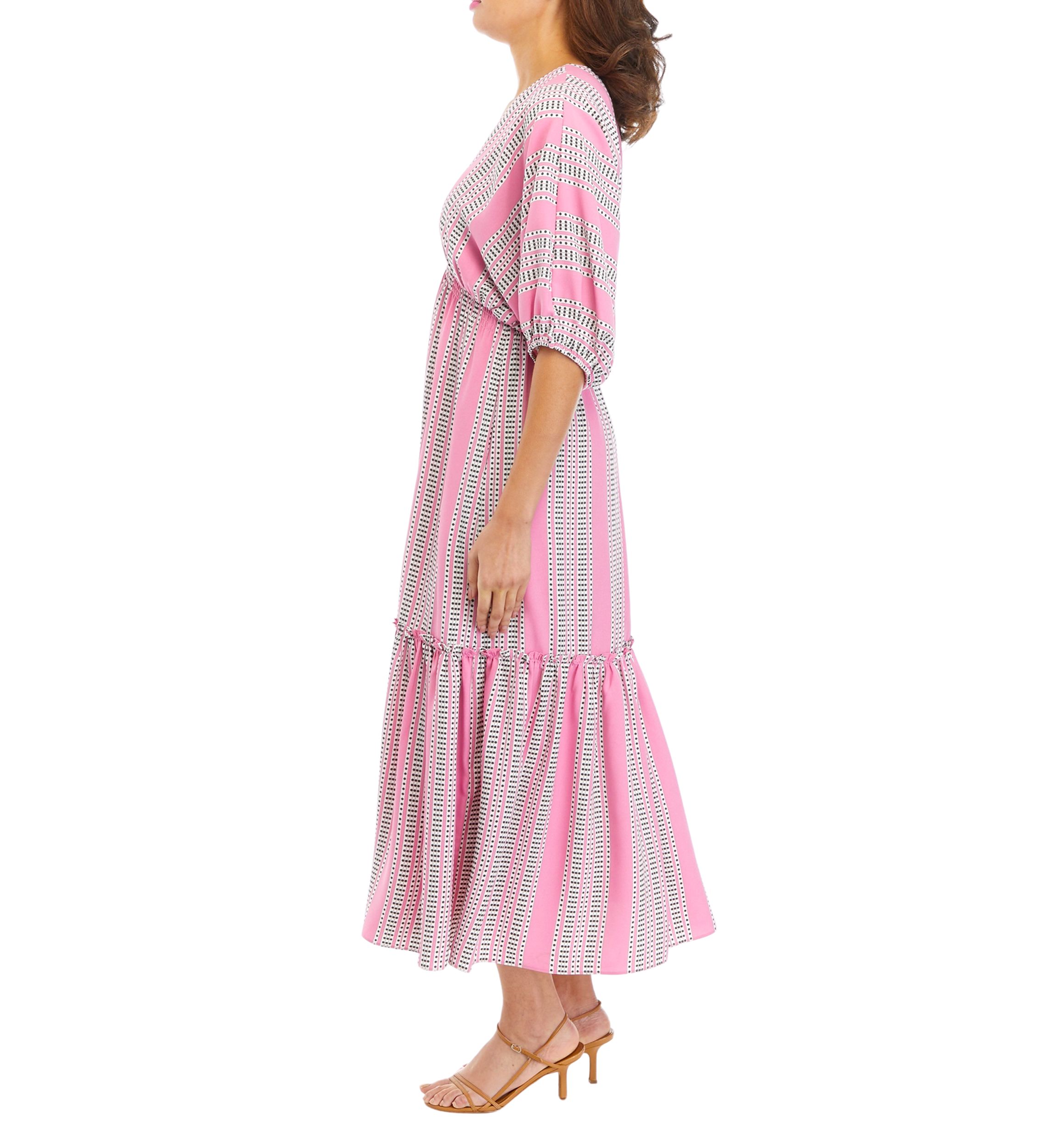 Womens Elbow Sleeve Striped Tiered Midi Dress