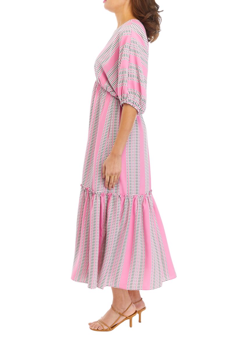Womens Elbow Sleeve Striped Tiered Midi Dress