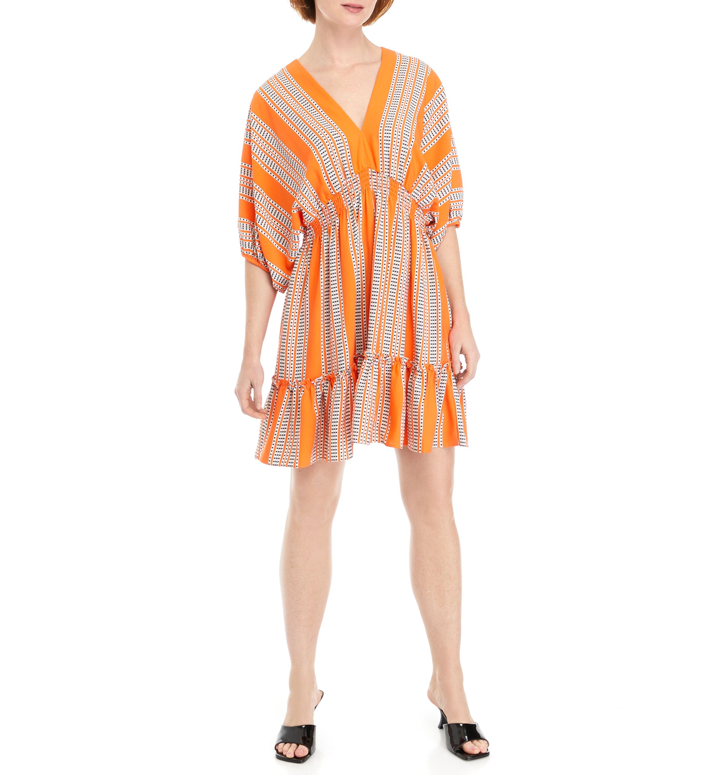 Womens Elbow Sleeve V-Neck Smocked Waist Stripe Print Fit and Flare Dress