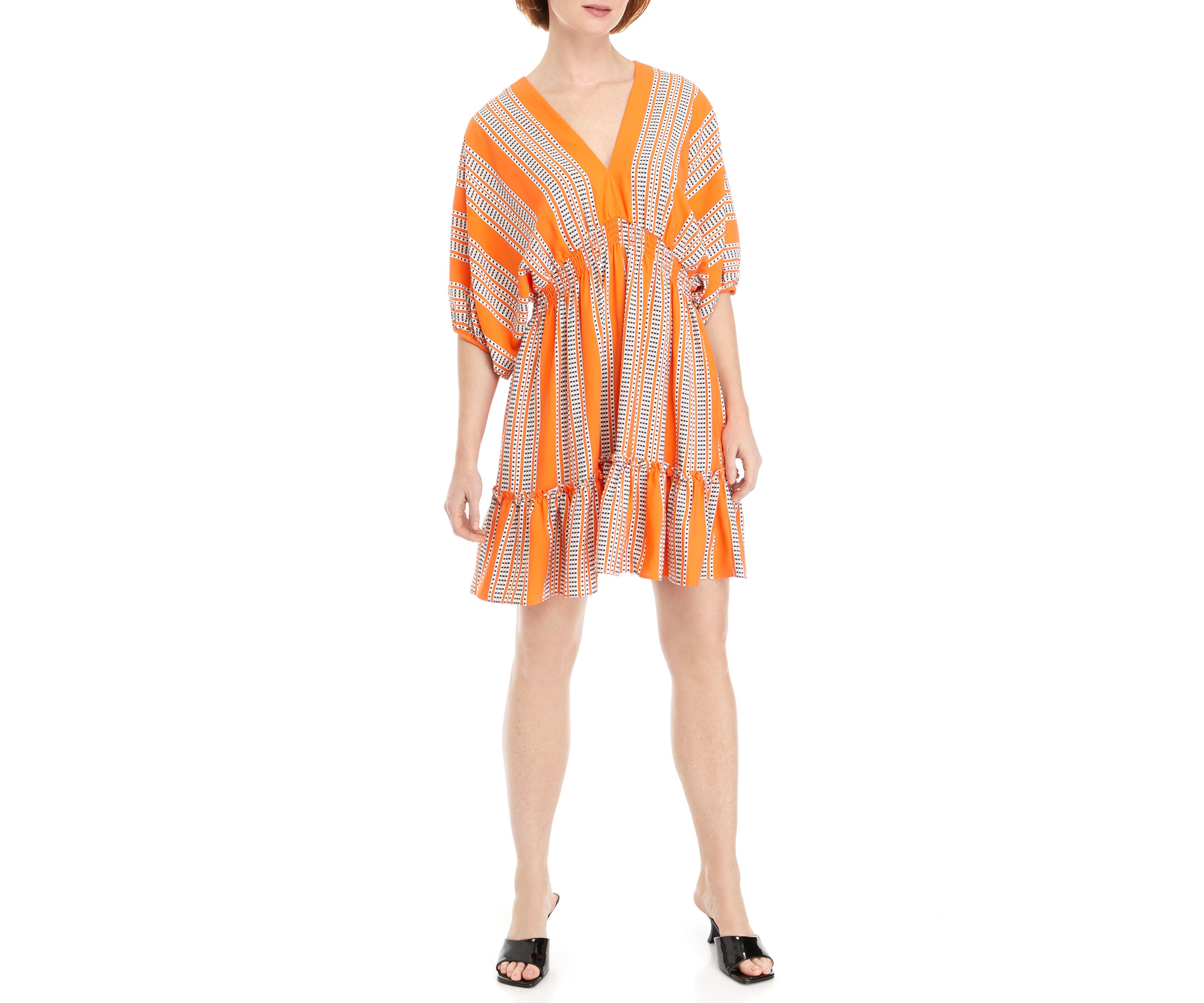 Womens Elbow Sleeve V-Neck Smocked Waist Stripe Print Fit and Flare Dress