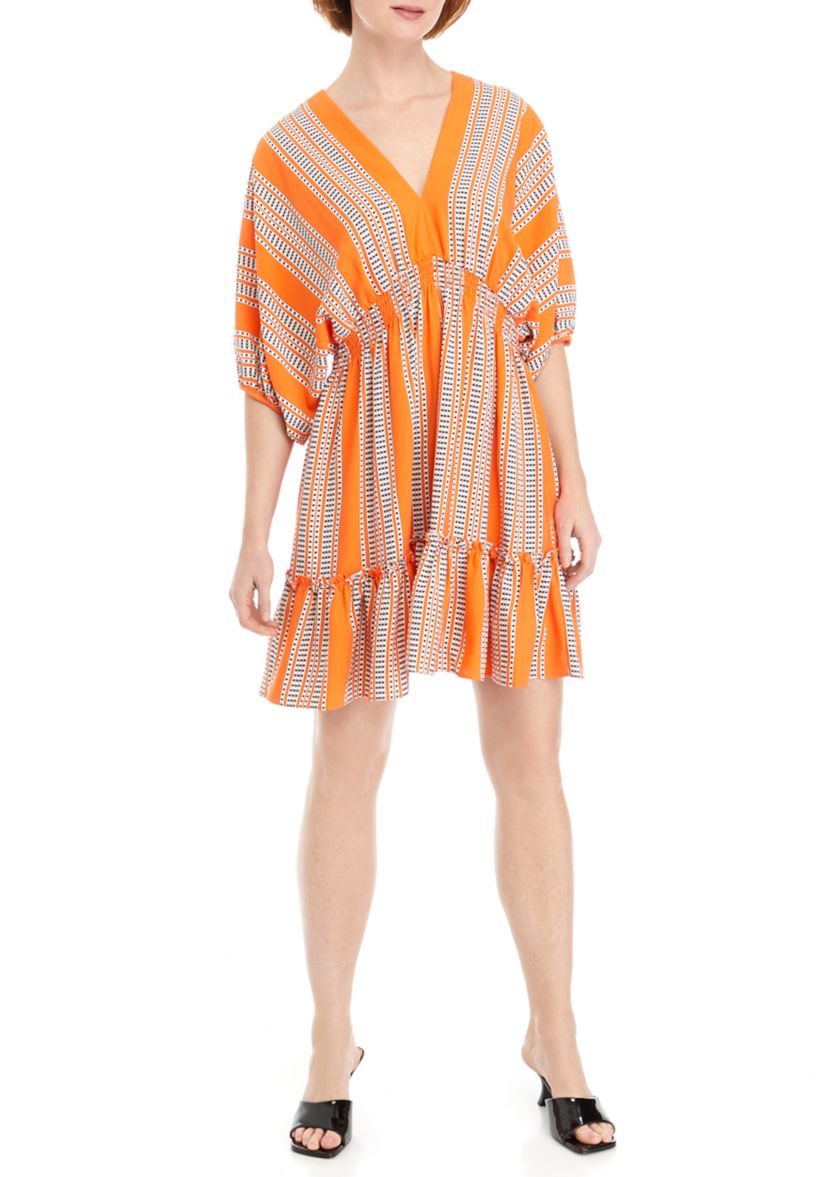 Womens Elbow Sleeve V-Neck Smocked Waist Stripe Print Fit and Flare Dress