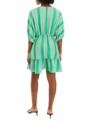 Women's Elbow Sleeve V-Neck Smocked Waist Stripe Print Fit and Flare Dress