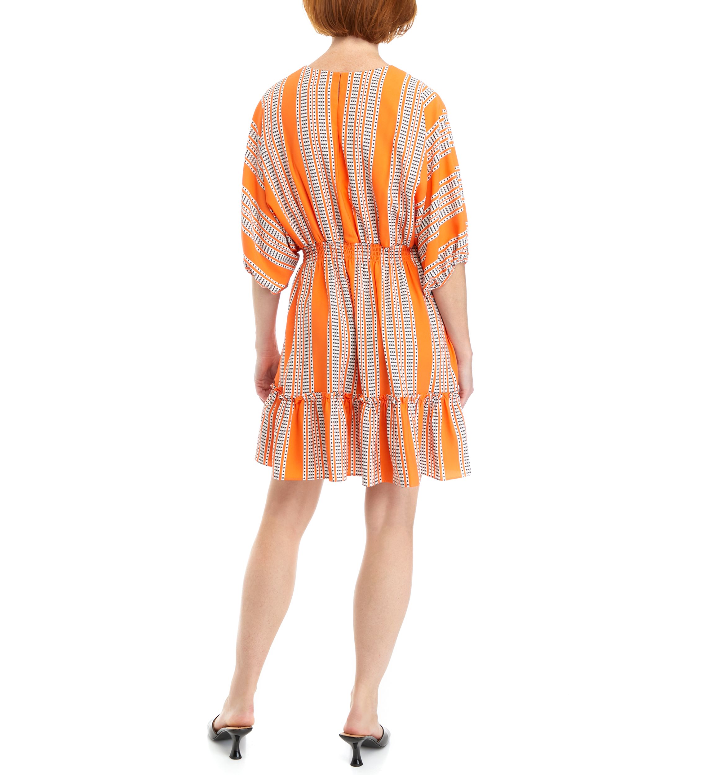 Womens Elbow Sleeve V-Neck Smocked Waist Stripe Print Fit and Flare Dress