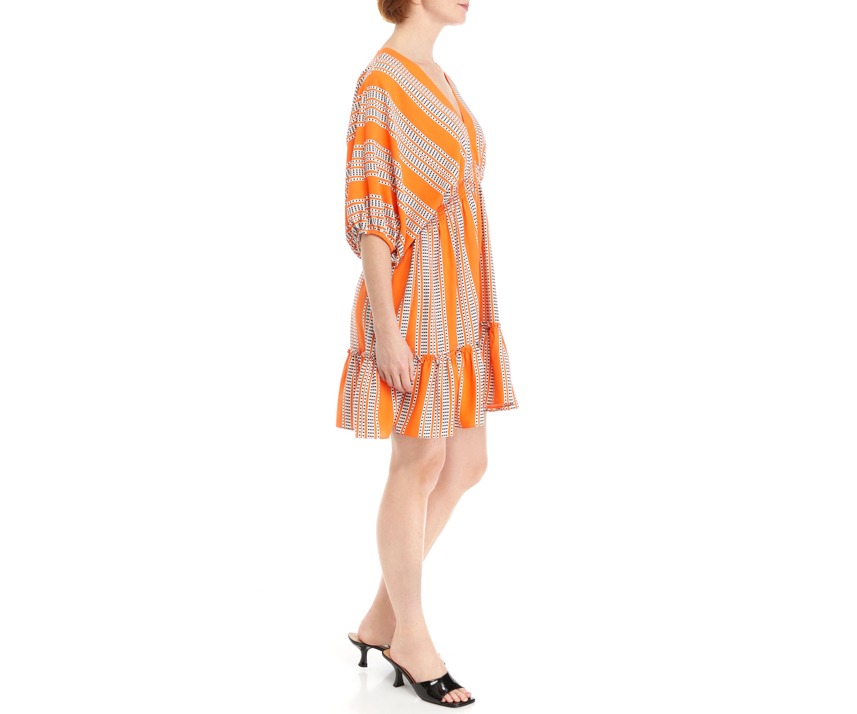 Womens Elbow Sleeve V-Neck Smocked Waist Stripe Print Fit and Flare Dress