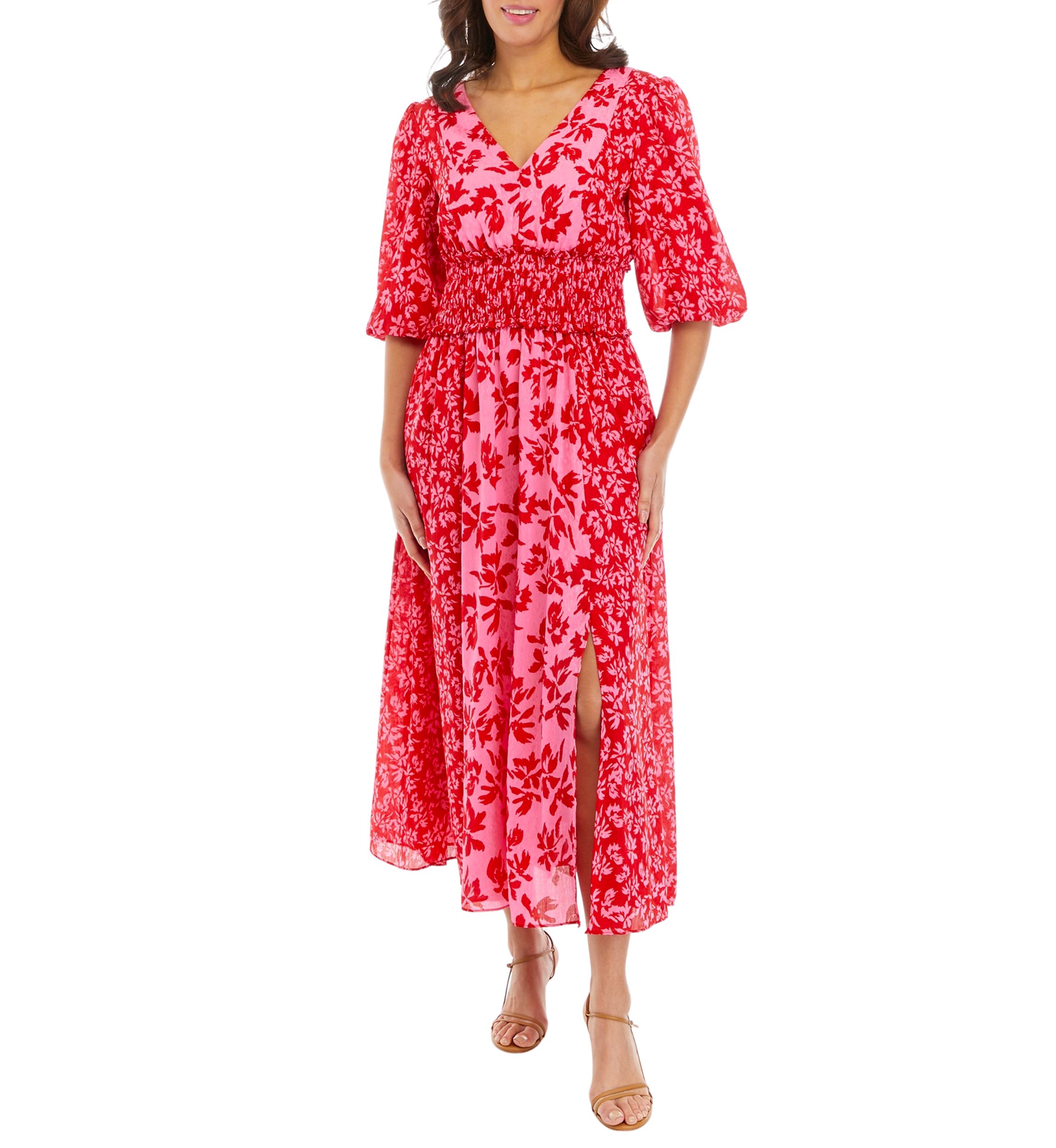 Womens Elbow Sleeve V-Neck Smocked Waist Floral Print Midi Dress
