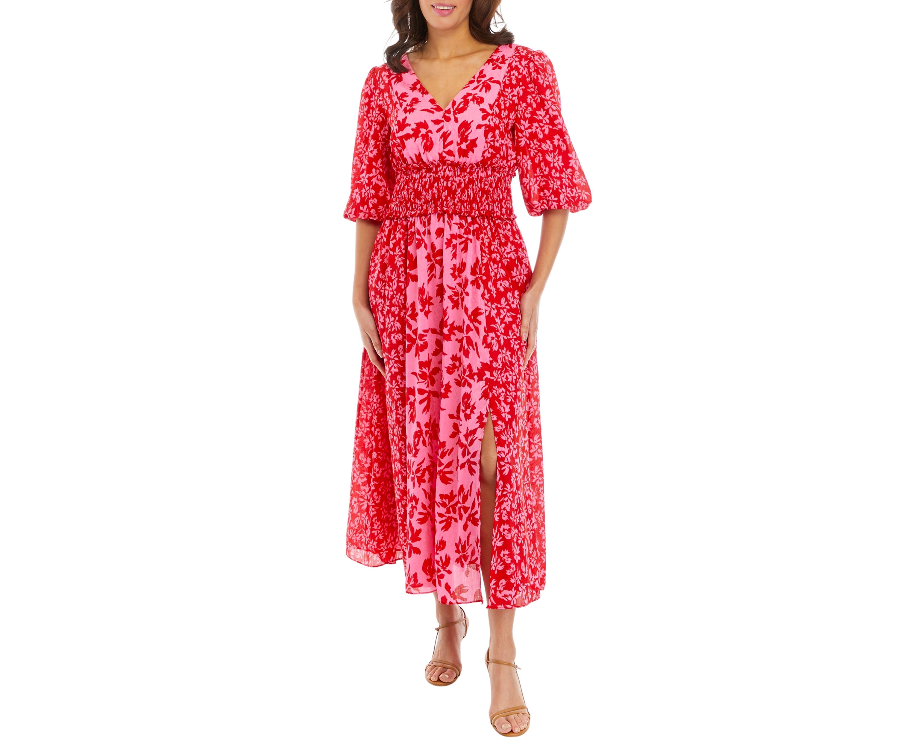 Womens Elbow Sleeve V-Neck Smocked Waist Floral Print Midi Dress