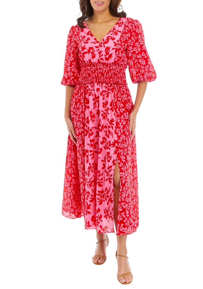 Womens Elbow Sleeve V-Neck Smocked Waist Floral Print Midi Dress