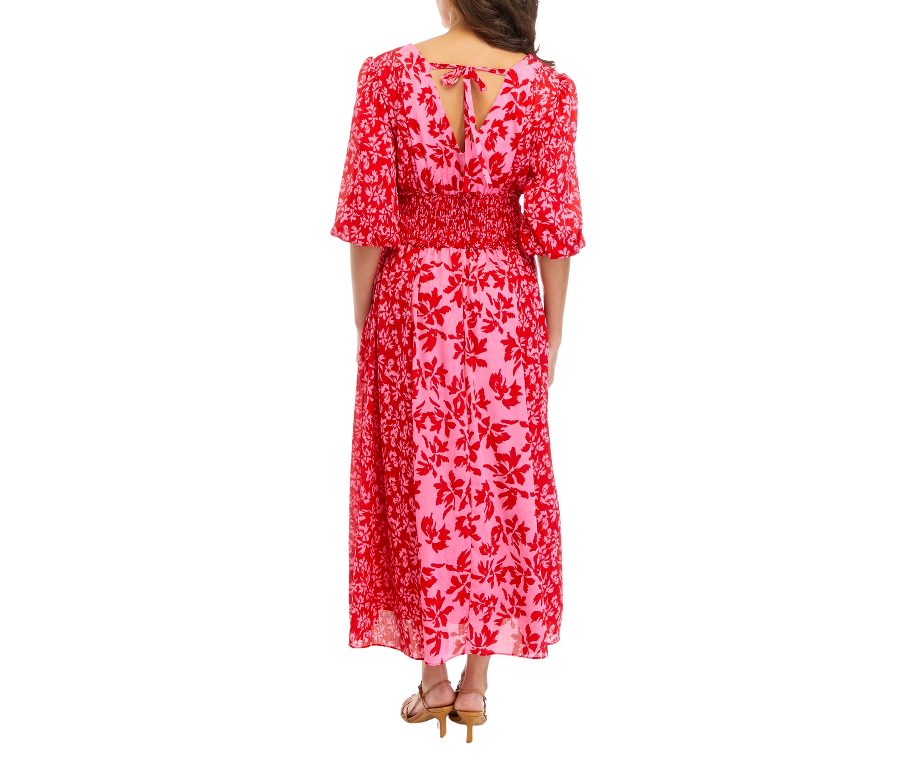 Womens Elbow Sleeve V-Neck Smocked Waist Floral Print Midi Dress