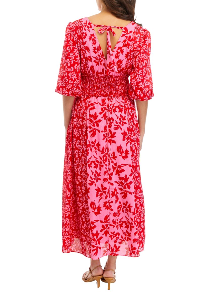 Womens Elbow Sleeve V-Neck Smocked Waist Floral Print Midi Dress