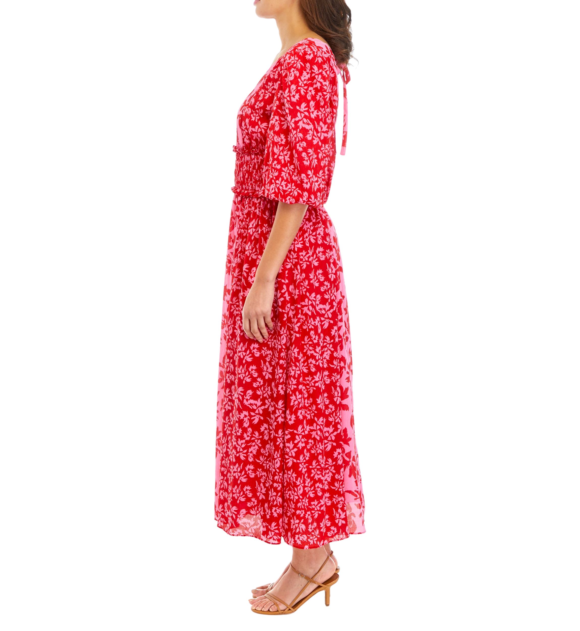 Womens Elbow Sleeve V-Neck Smocked Waist Floral Print Midi Dress