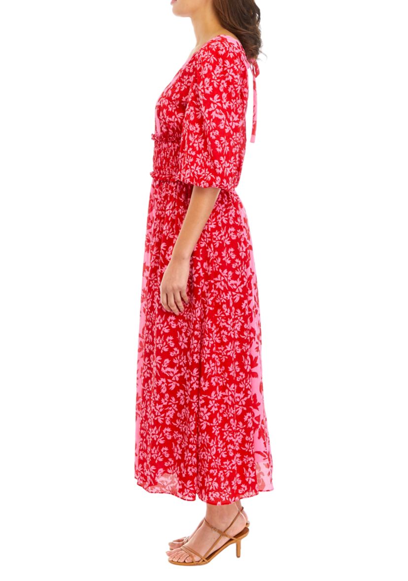 Womens Elbow Sleeve V-Neck Smocked Waist Floral Print Midi Dress