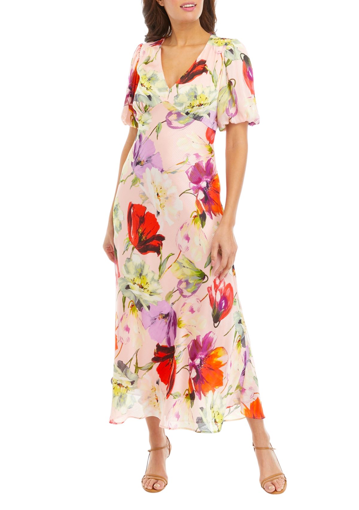 Womens Short Sleeve Chiffon V-Neck Floral Print Midi Dress